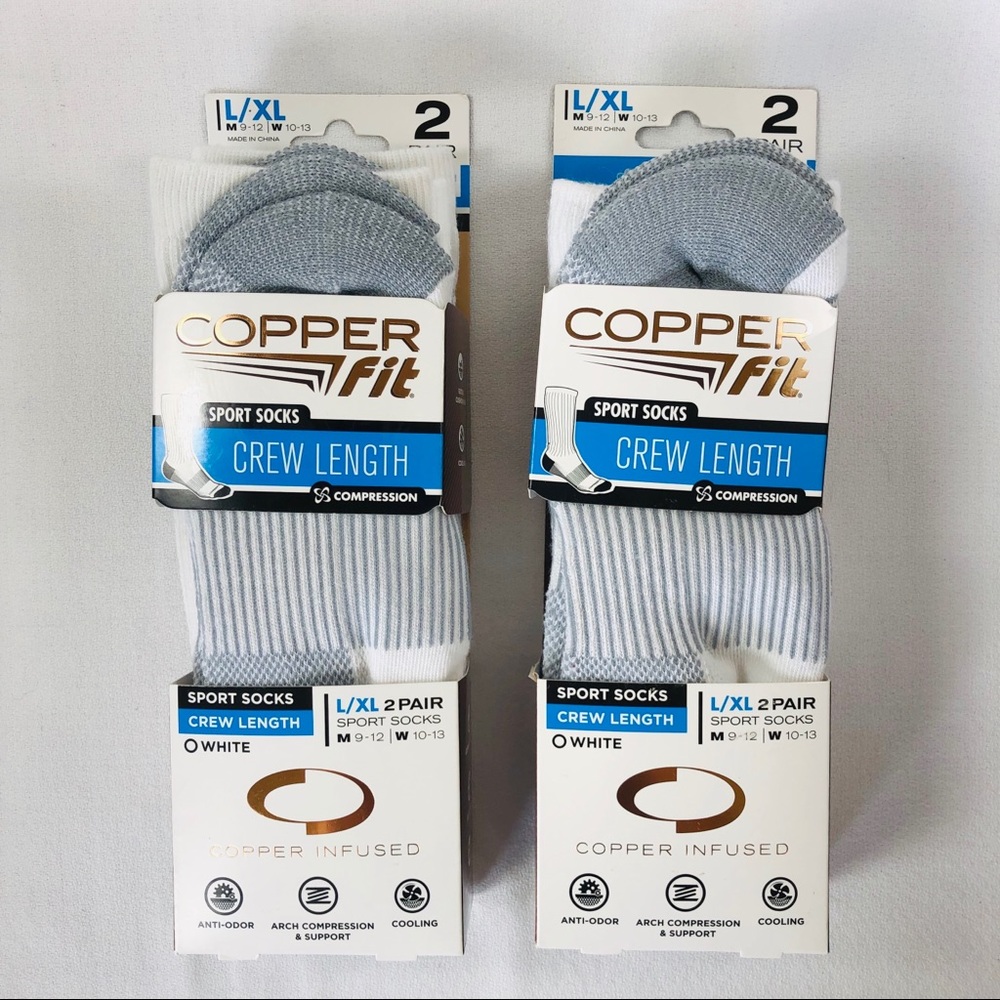 2x 2-Pack (4Pairs) COPPER FIT Crew Socks WhiteL/XL